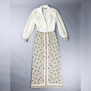 Alfred Shaheen Maxi Dress Vintage 70's White and Floral Long Sleeve Maxi Dress